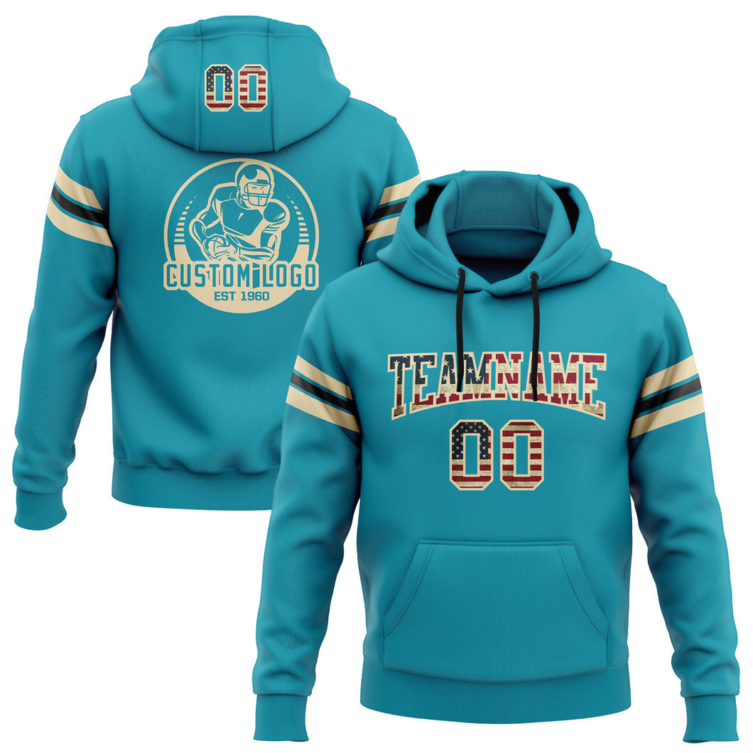 Custom Stitched Teal Vintage USA Flag City Cream-Black Football Pullover Sweatshirt Hoodie