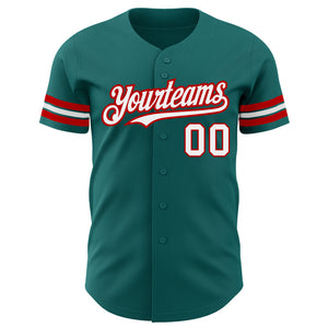 Custom Teal White-Red Authentic Baseball Jersey