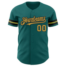 Load image into Gallery viewer, Custom Teal Old Gold-Black Authentic Baseball Jersey
