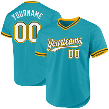 Custom Teal Black-Gold Authentic Throwback Baseball Jersey