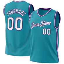 Load image into Gallery viewer, Custom Teal White-Purple Authentic Throwback Basketball Jersey
