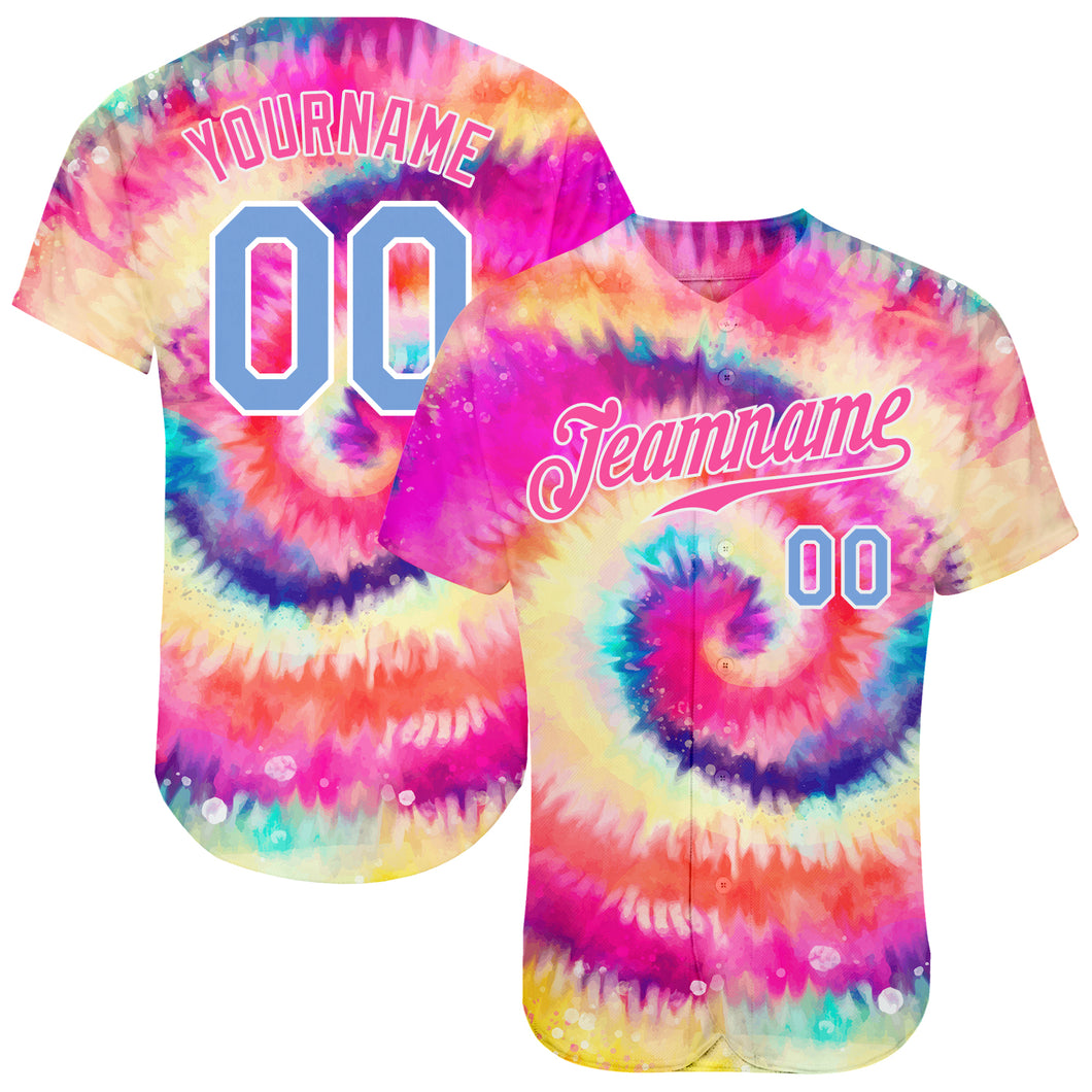 Custom Tie Dye Light Blue-White 3D Rainbow Authentic Baseball Jersey