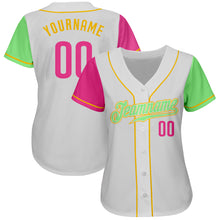 Load image into Gallery viewer, Custom White Pink Pea Green-Gold Authentic Two Tone Baseball Jersey
