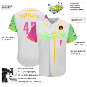 Custom White Pink Pea Green-Gold Authentic Two Tone Baseball Jersey