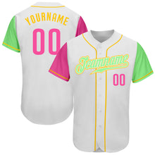 Load image into Gallery viewer, Custom White Pink Pea Green-Gold Authentic Two Tone Baseball Jersey
