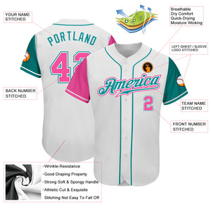 Custom White Pink-Teal Authentic Two Tone Baseball Jersey