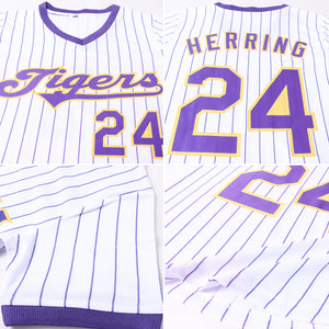 Custom White Purple Pinstripe Purple-Gold Authentic Throwback Rib-Knit Baseball Jersey Shirt