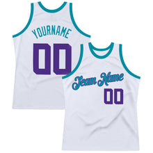 Load image into Gallery viewer, Custom White Purple-Teal Authentic Throwback Basketball Jersey

