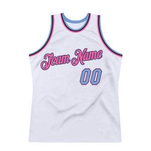 Custom White Light Blue-Pink Authentic Throwback Basketball Jersey