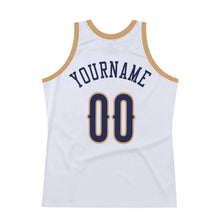 Load image into Gallery viewer, Custom White Navy-Old Gold Authentic Throwback Basketball Jersey
