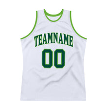 Load image into Gallery viewer, Custom White Hunter Green-Neon Green Authentic Throwback Basketball Jersey
