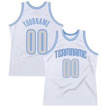 Load image into Gallery viewer, Custom White Light Gray-Light Blue Authentic Throwback Basketball Jersey
