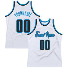 Load image into Gallery viewer, Custom White Black-Blue Authentic Throwback Basketball Jersey
