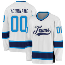 Load image into Gallery viewer, Custom White Blue-Navy Hockey Jersey

