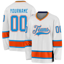 Load image into Gallery viewer, Custom White Blue-Orange Hockey Jersey
