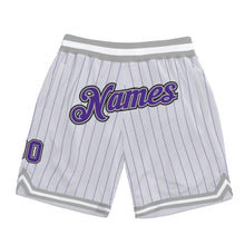 Load image into Gallery viewer, Custom White Purple Pinstripe Purple-Gray Authentic Basketball Shorts
