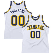 Load image into Gallery viewer, Custom White Navy-Gold Authentic Throwback Basketball Jersey
