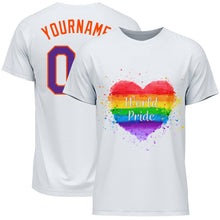 Load image into Gallery viewer, Custom White Purple-Orange Rainbow Colored Heart For World Pride LGBT Performance T-Shirt
