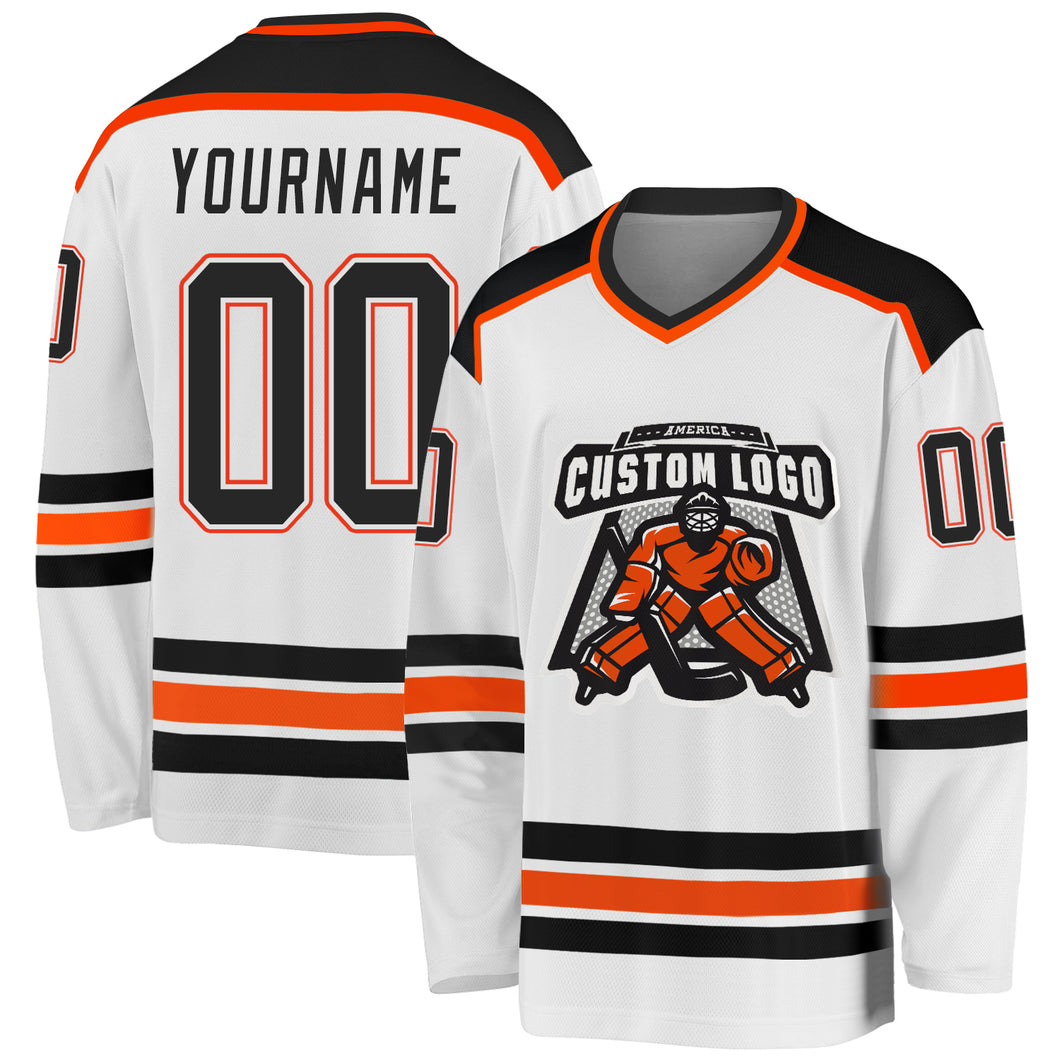 Custom White Black-Orange Hockey Jersey