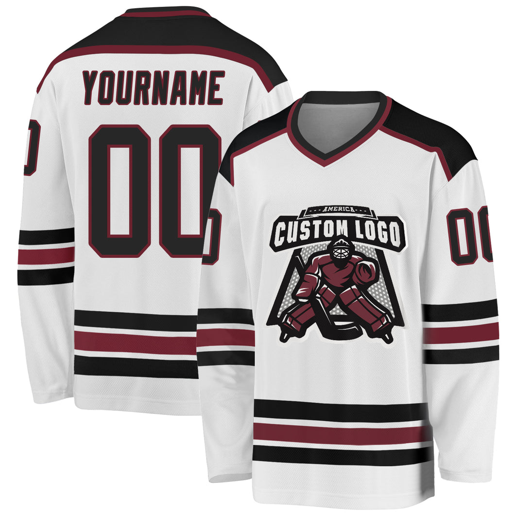 Custom White Black-Burgundy Hockey Jersey