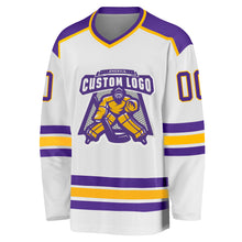Load image into Gallery viewer, Custom White Purple-Gold Hockey Jersey
