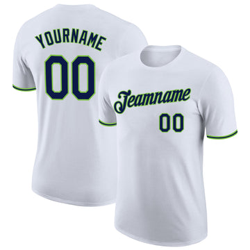 Custom White Navy-Neon Green Performance T-Shirt