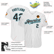Load image into Gallery viewer, Custom White Black Pinstripe Black-Teal Authentic Baseball Jersey
