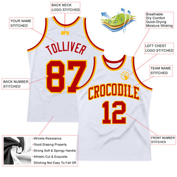 Custom White Red-Gold Authentic Throwback Basketball Jersey