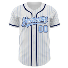 Load image into Gallery viewer, Custom White Light Blue Pinstripe Light Blue-Navy Authentic Baseball Jersey
