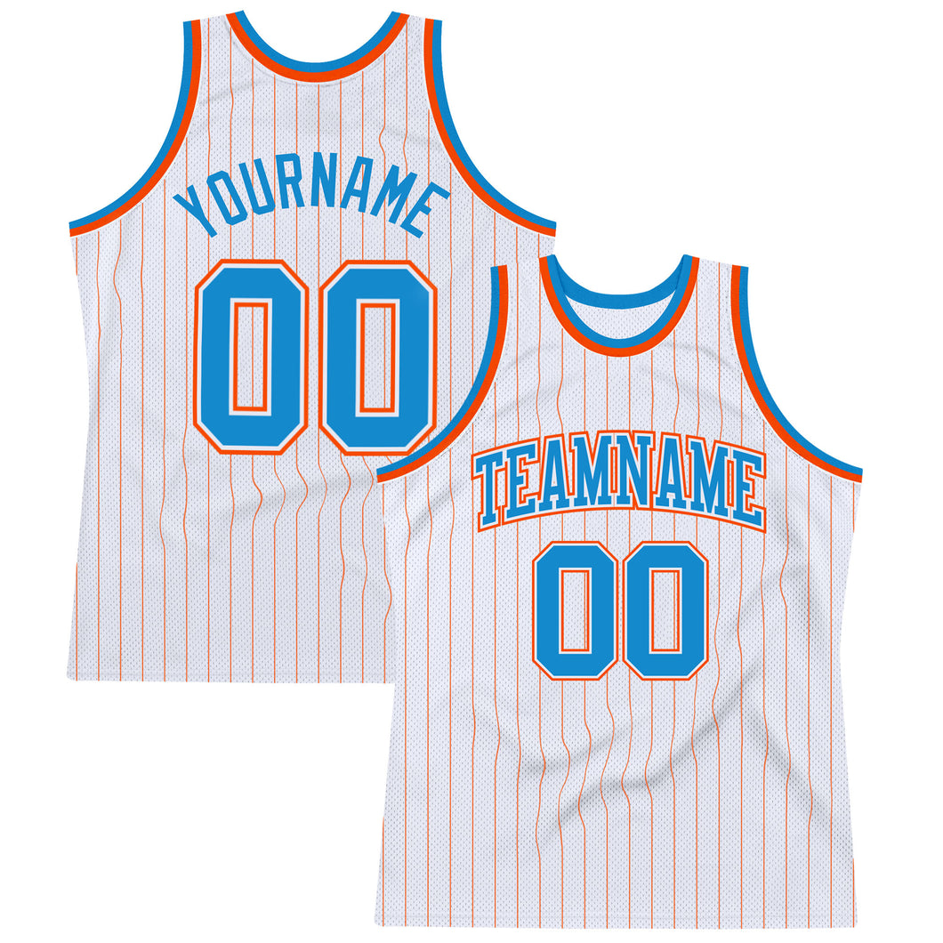 Custom White Orange Pinstripe Blue-Orange Authentic Basketball Jersey