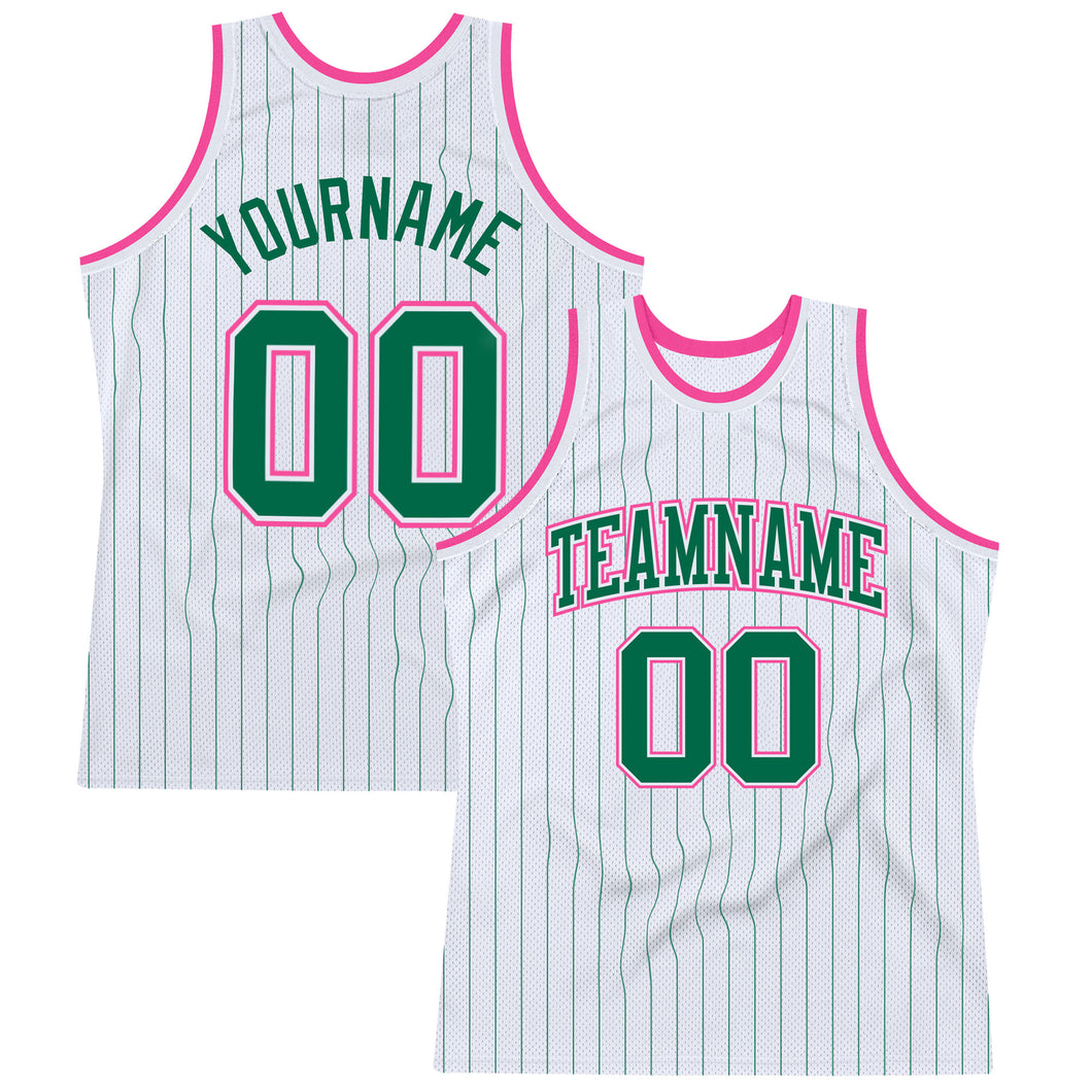 Custom White Kelly Green Pinstripe Kelly Green-Pink Authentic Basketball Jersey