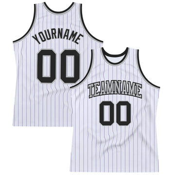 Custom White Purple Pinstripe Black-Gray Authentic Basketball Jersey
