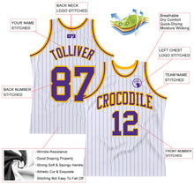 Load image into Gallery viewer, Custom White Purple Pinstripe Purple-Gold Authentic Basketball Jersey
