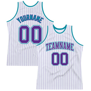 Custom White Purple Pinstripe Purple-Teal Authentic Basketball Jersey