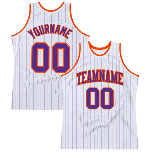 Custom White Purple Pinstripe Purple-Orange Authentic Basketball Jersey