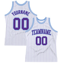 Load image into Gallery viewer, Custom White Purple Pinstripe Purple-Light Blue Authentic Basketball Jersey
