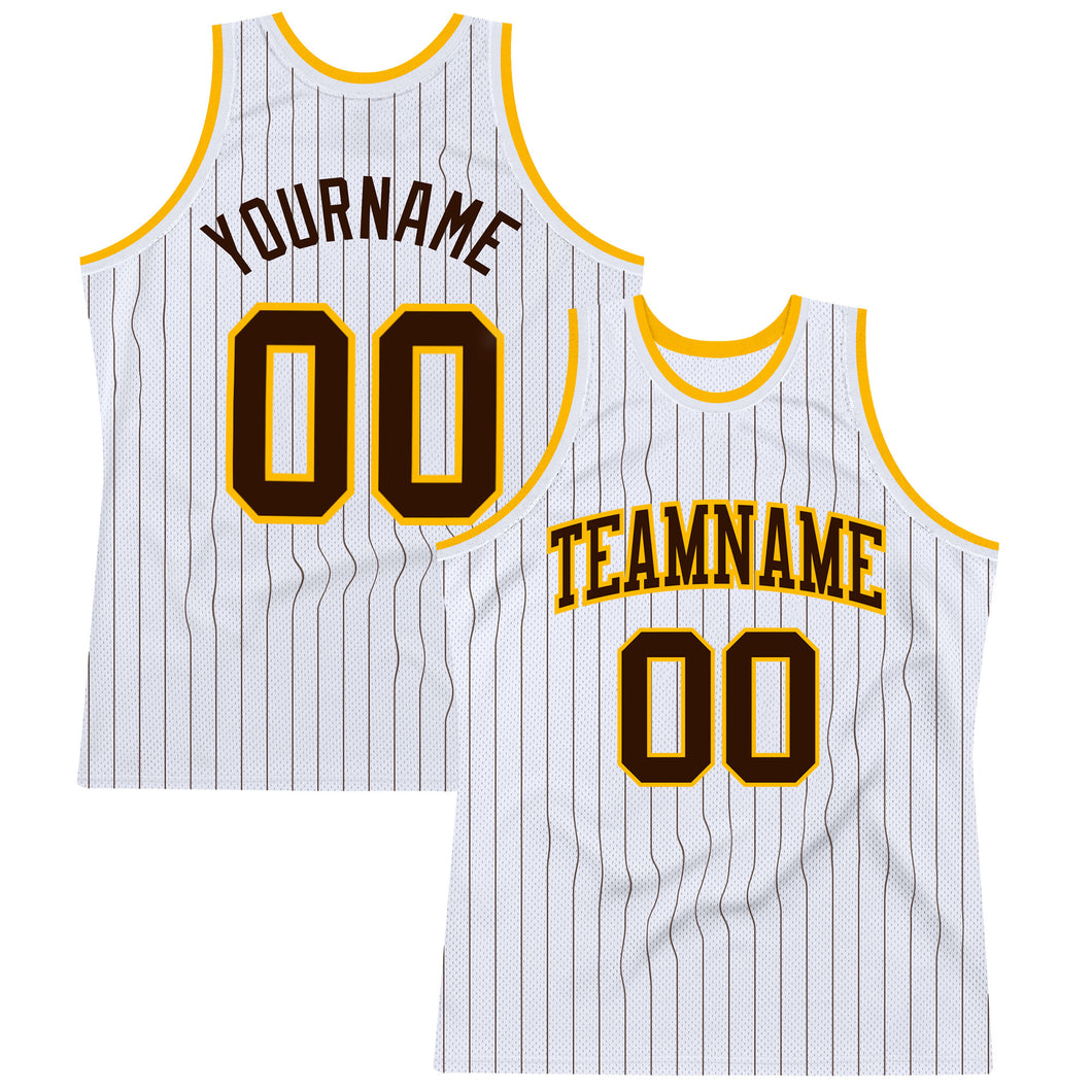 Custom White Brown Pinstripe Brown-Gold Authentic Basketball Jersey