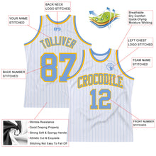 Load image into Gallery viewer, Custom White Light Blue Pinstripe Light Blue-Gold Authentic Basketball Jersey
