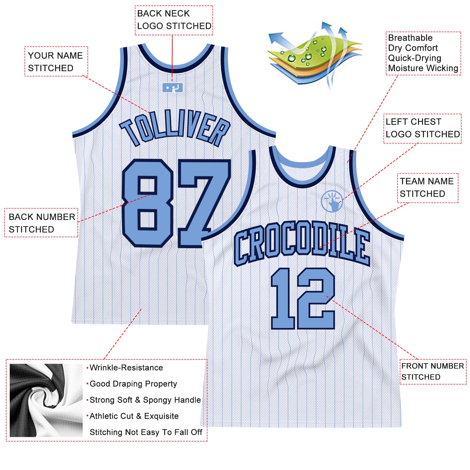 Custom Light Blue White Pinstripe Green Authentic Basketball Jersey in 2023