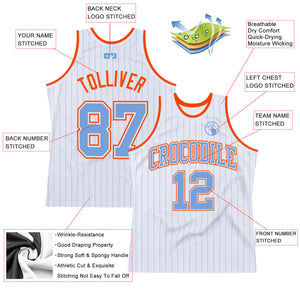 Custom White Light Blue Pinstripe Light Blue-Orange Authentic Basketball Jersey