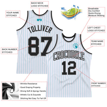 Custom White Teal Pinstripe Black-Gray Authentic Basketball Jersey