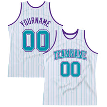 Load image into Gallery viewer, Custom White Teal Pinstripe Teal-Purple Authentic Basketball Jersey
