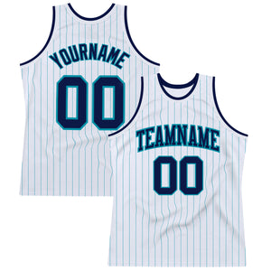 Custom White Teal Pinstripe Navy Authentic Basketball Jersey