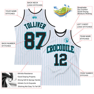 Custom White Teal Pinstripe Black Authentic Basketball Jersey