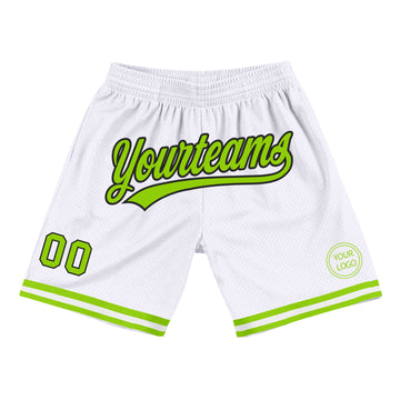 Custom White Neon Green-Black Authentic Throwback Basketball Shorts