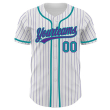Load image into Gallery viewer, Custom White Purple Pinstripe Teal Authentic Baseball Jersey
