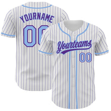 Load image into Gallery viewer, Custom White Purple Pinstripe Light Blue Authentic Baseball Jersey
