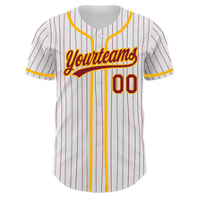 Load image into Gallery viewer, Custom White Crimson Pinstripe Crimson-Gold Authentic Baseball Jersey
