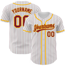 Load image into Gallery viewer, Custom White Crimson Pinstripe Crimson-Gold Authentic Baseball Jersey
