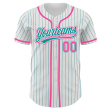 Load image into Gallery viewer, Custom White Teal Pinstripe Pink Authentic Baseball Jersey
